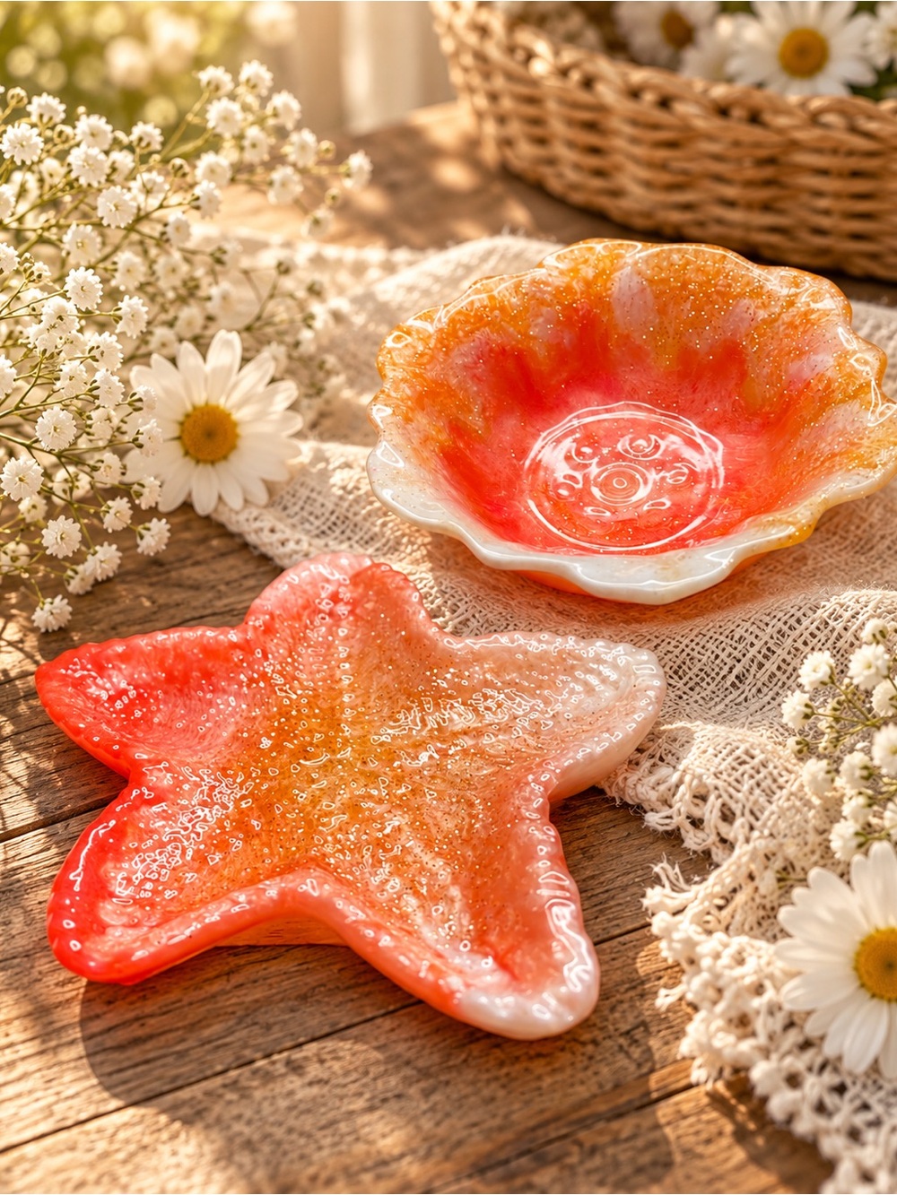 Coastal Coral Resin Shell & Starfish Accent Dishes - Orange